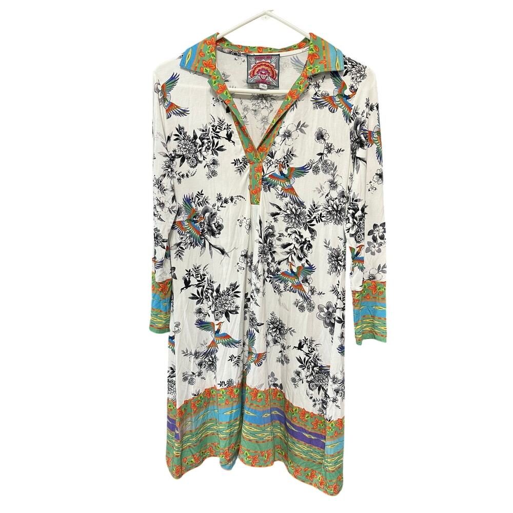 Johnny Was Jane Favorite Tunic Dress Birds Floral Boho Colorful Trim Size‎ XS